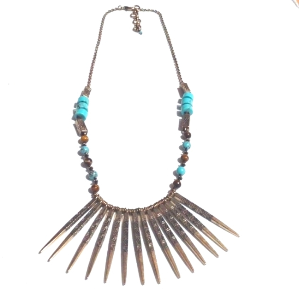 LUCKY BRAND SPIKED BRASS GOLD WITH TURQUOISE ACCENTS TRIBAL 24-26" NECKLACE